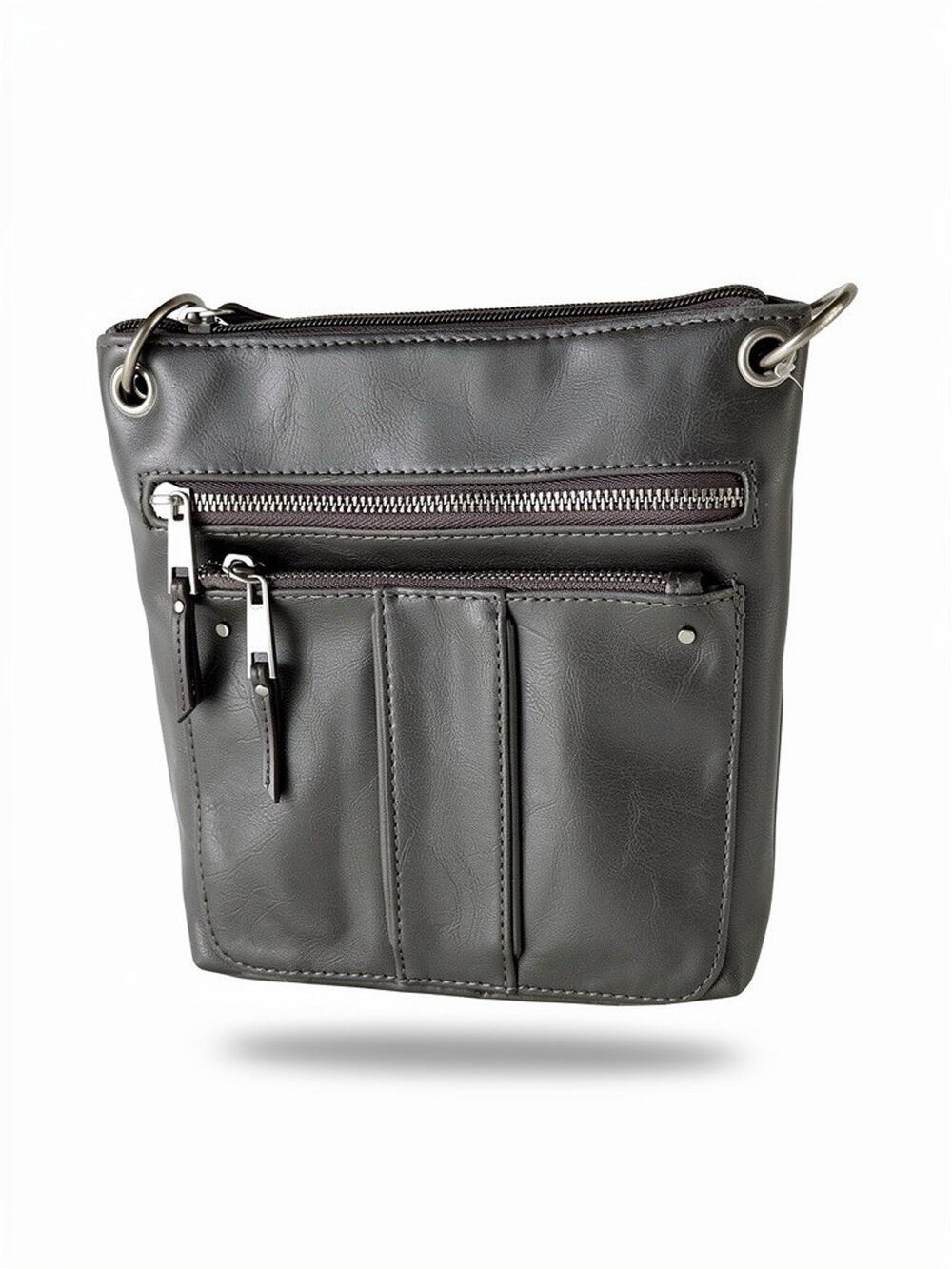 Time & Tru Women’s Gray Crossbody Bag – Faux Leather, Multi Zipper Compartments